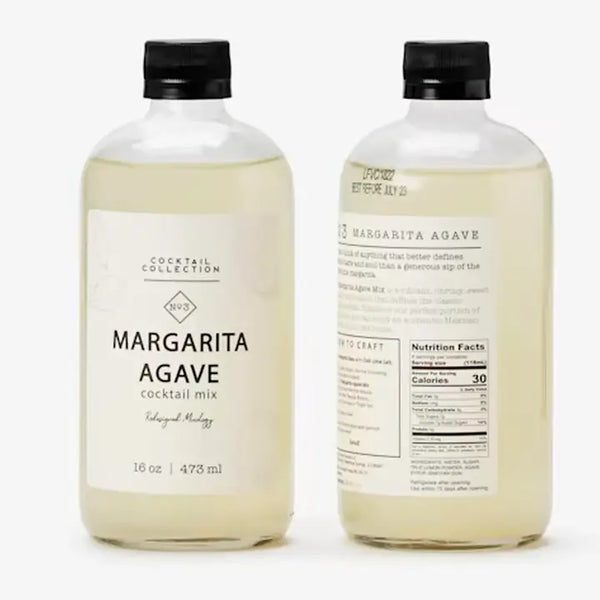 Two bottles of Margarita Agave Mixer, one with the label facing forward and the other showing the back label with nutritional information.